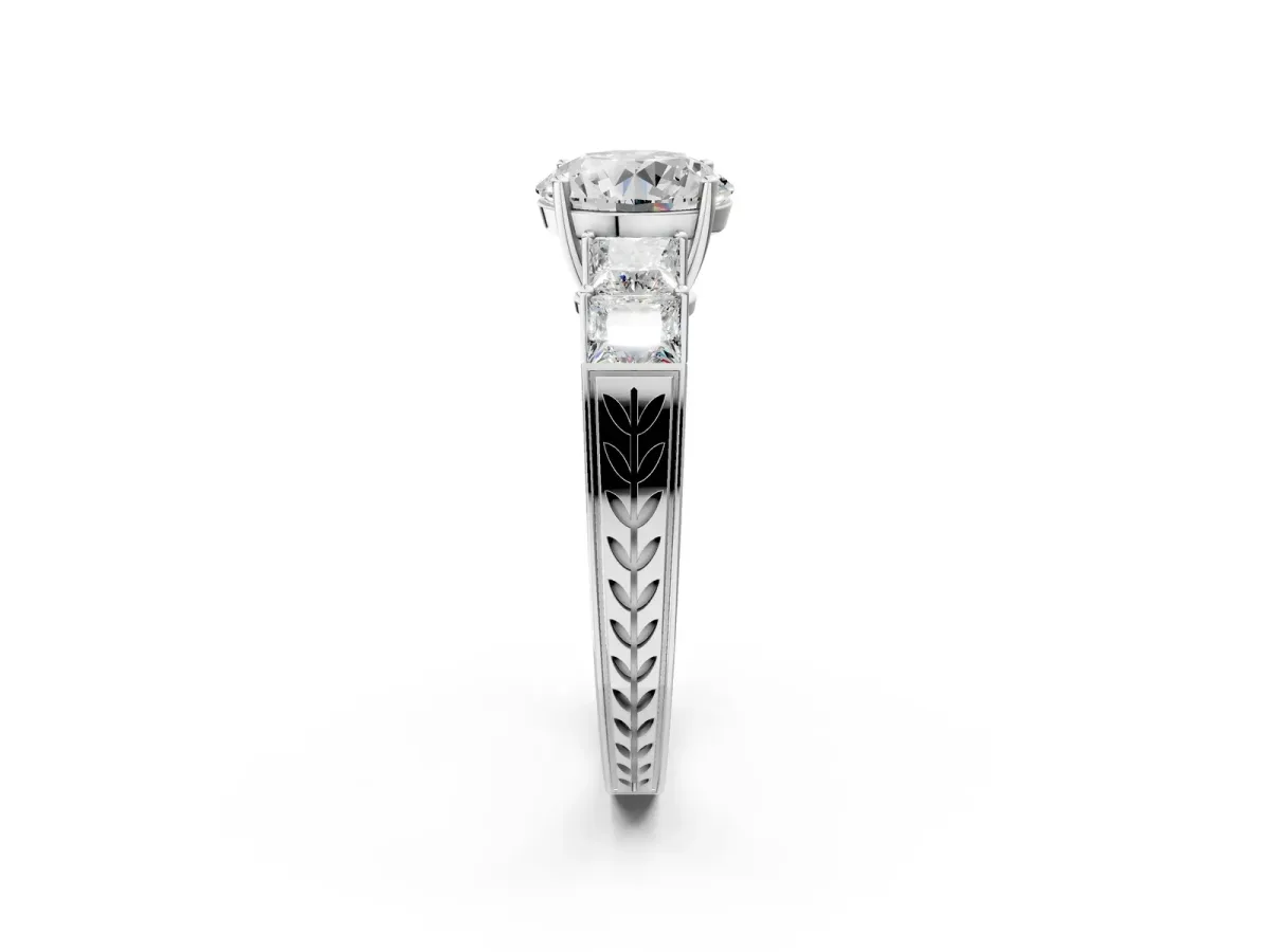 Round Cut Solitaire Princess Side Stone Engraved Band Prong Setting Ring White gold