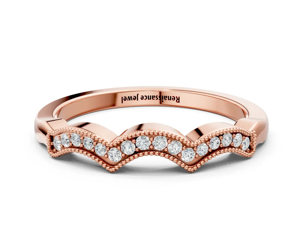 Milgrain Pavé Round Diamond Curved Band Rose gold