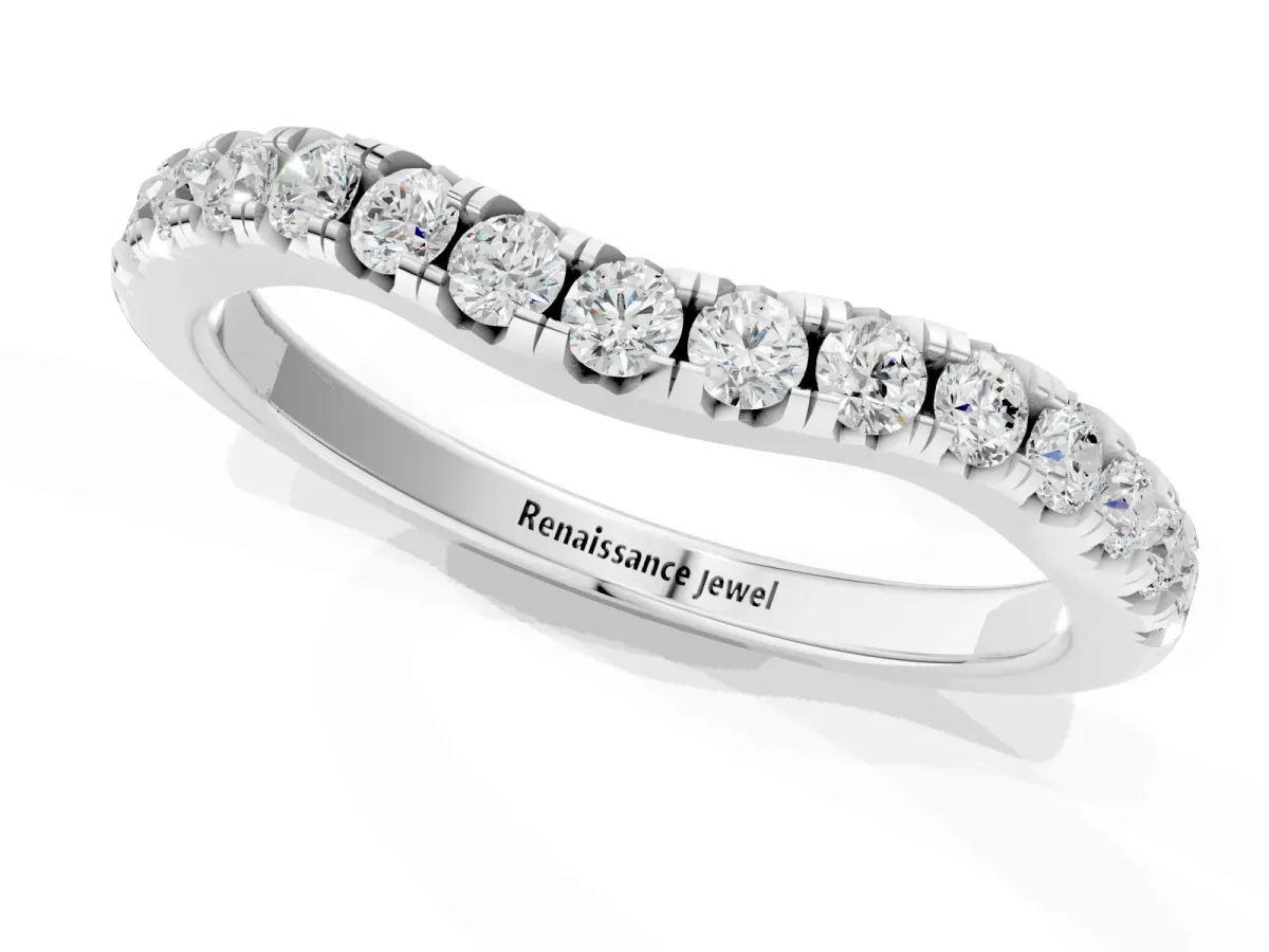 Round Diamond Curved Pavé Wedding Band with Shared Prong Setting Silver