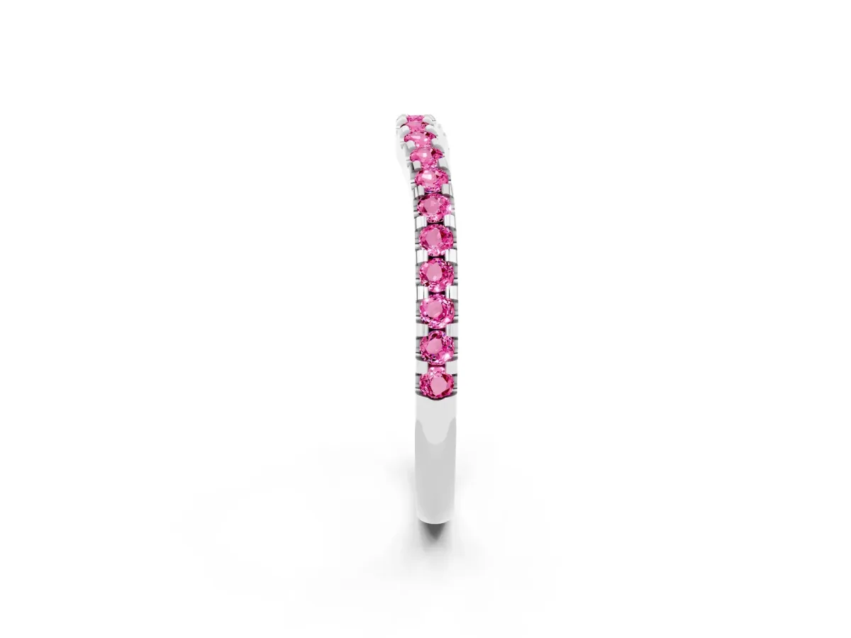 Round Pink Sapphire Pavé Curved Wedding Band Silver