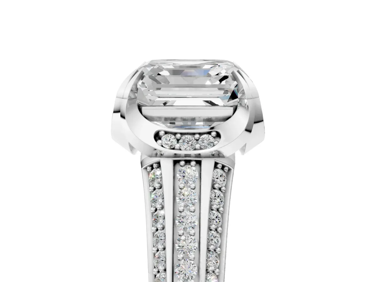 Asscher Cut Solitaire Pave Split Shank Ring with Four-Prong Setting Platinum