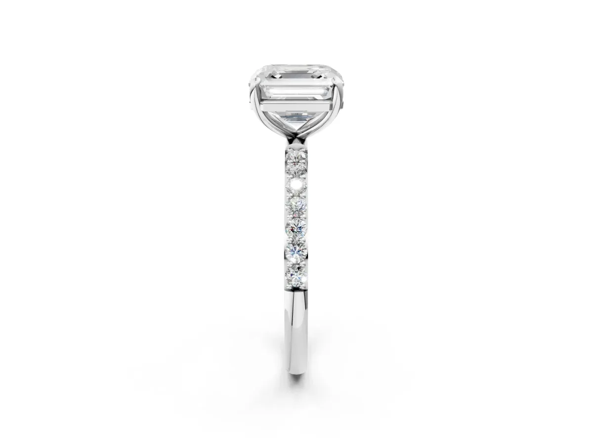 Asscher Cut Diamond Solitaire Ring with Round Pavé Band and Prong Setting Platinum