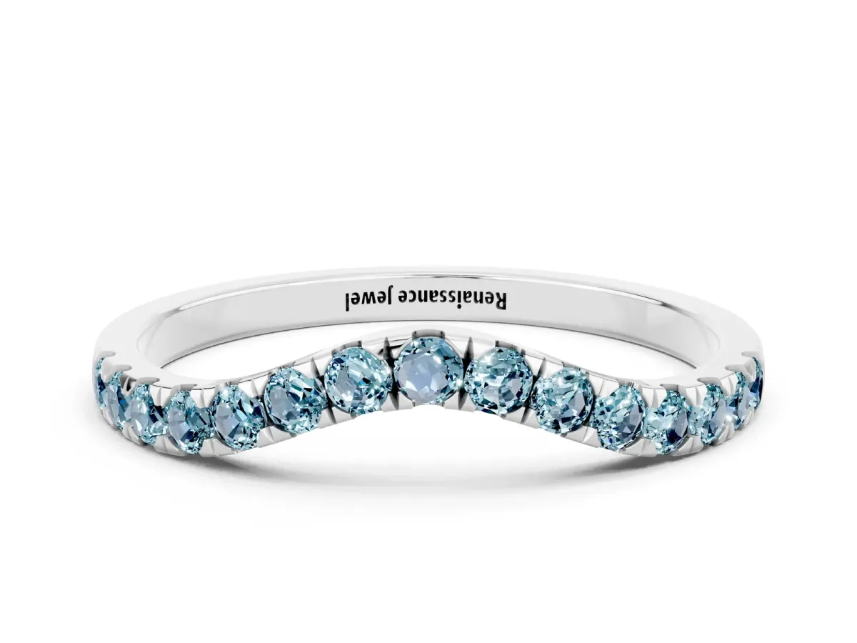 Curved Pavé Round Aquamarine Wedding Band with Shared Prong Setting Silver