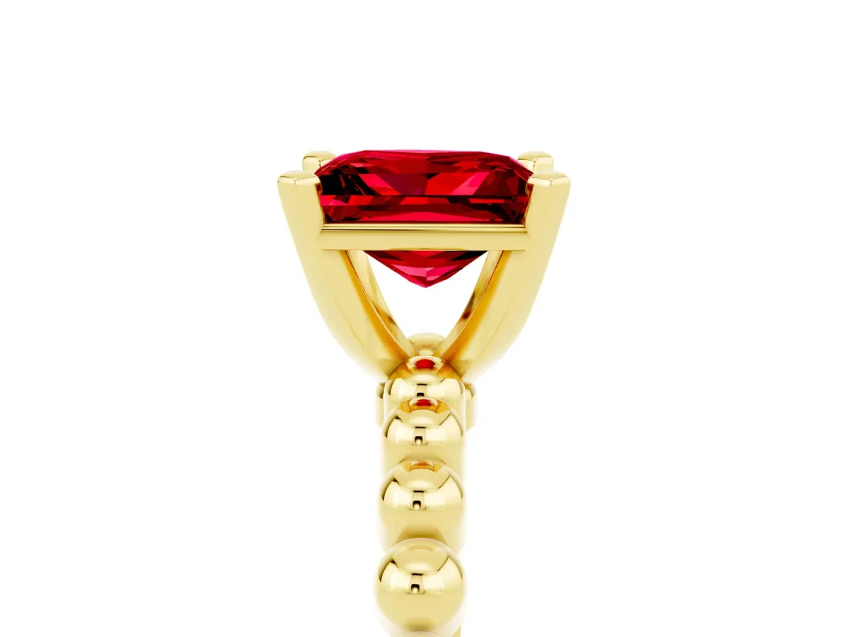 Princess Cut Ruby Solitaire Ring with Beaded Band and Prong Setting Yellow gold