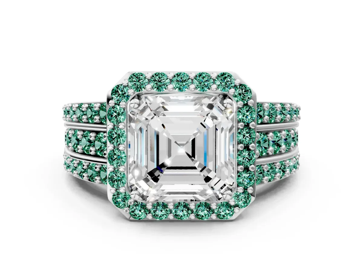 Asscher Cut Halo Diamond Ring with Round Green Sapphire Split Shank and Prong Setting Silver