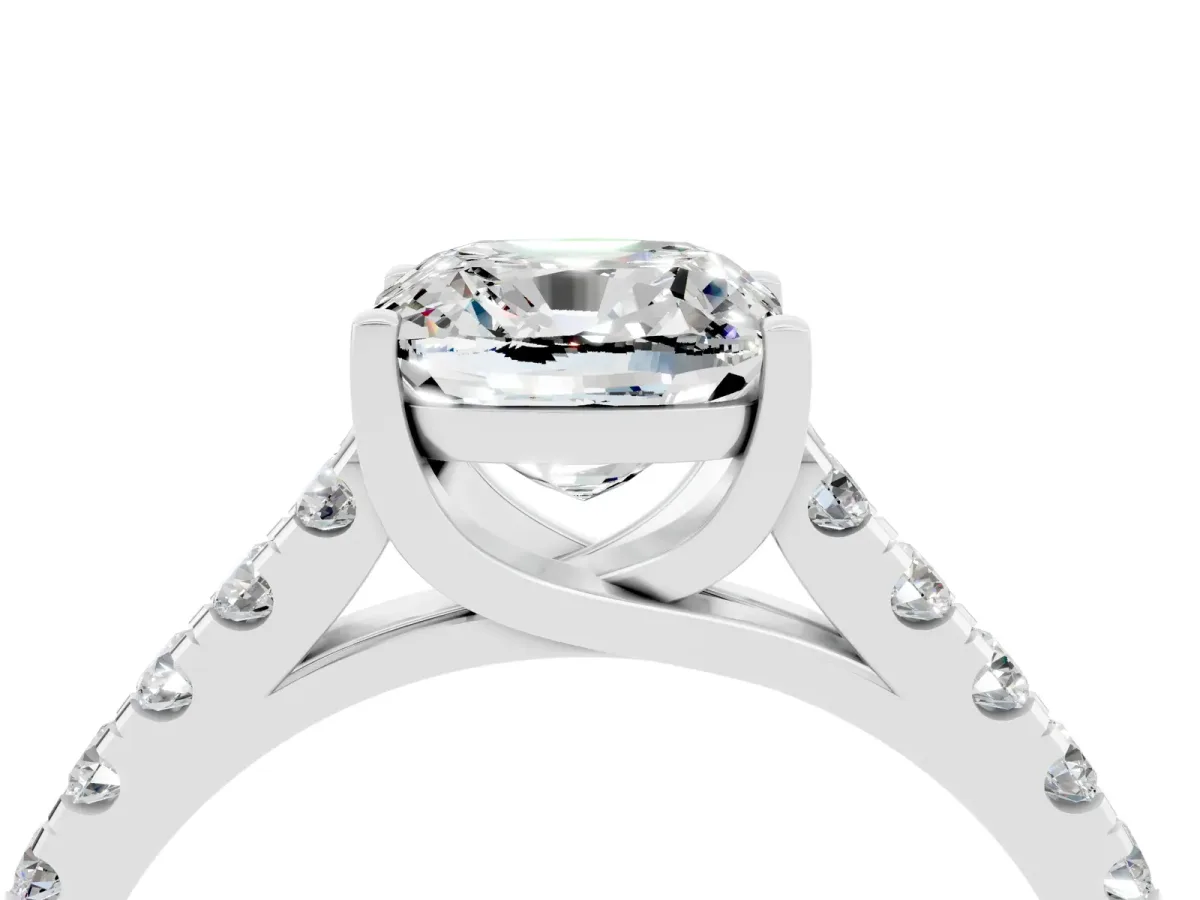 Cushion Cut Moissanite Pavé Band Solitaire Ring with Prong Setting Platinum