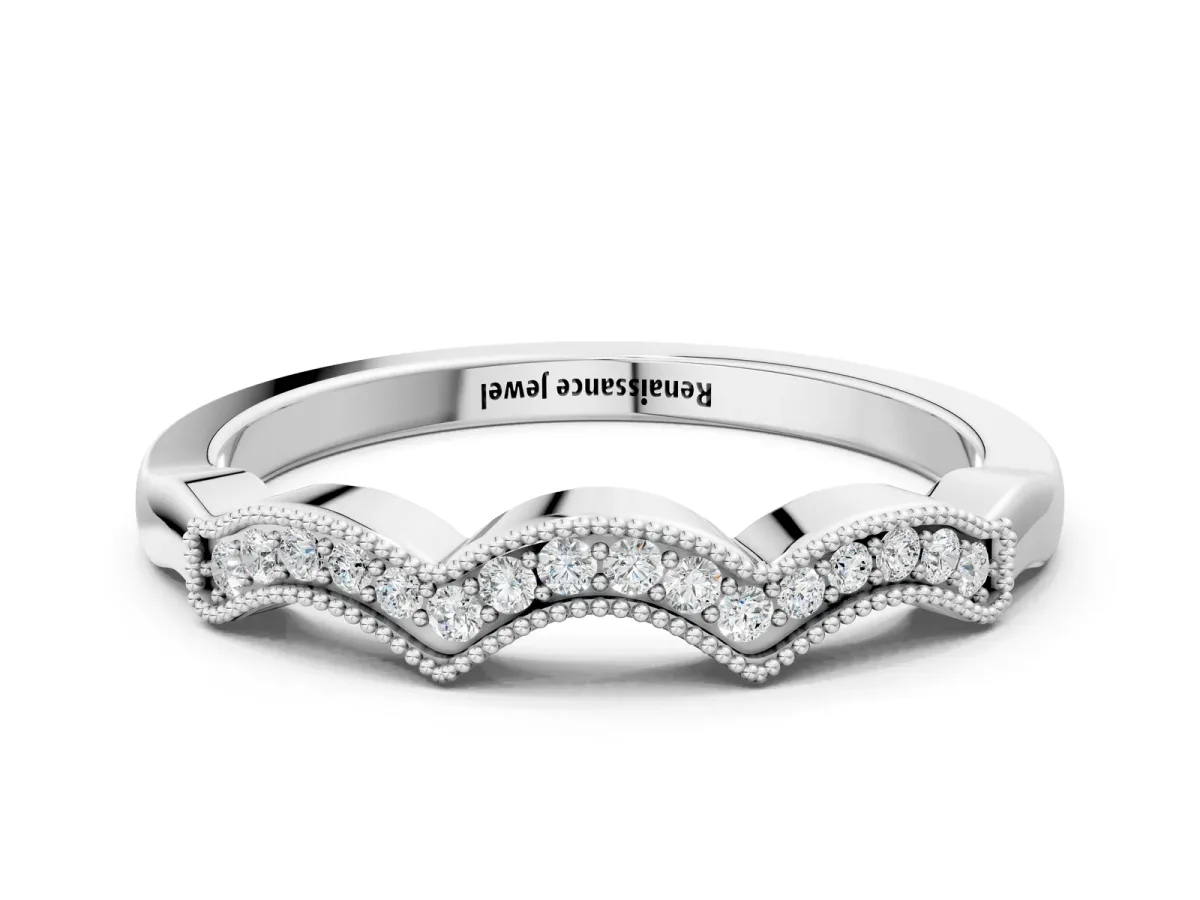 Milgrain Pavé Round Diamond Curved Band Silver
