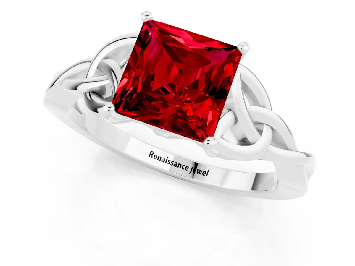 Princess Cut Ruby Solitaire Engagement Ring with Celtic Knot Band and Four-Prong Setting White gold