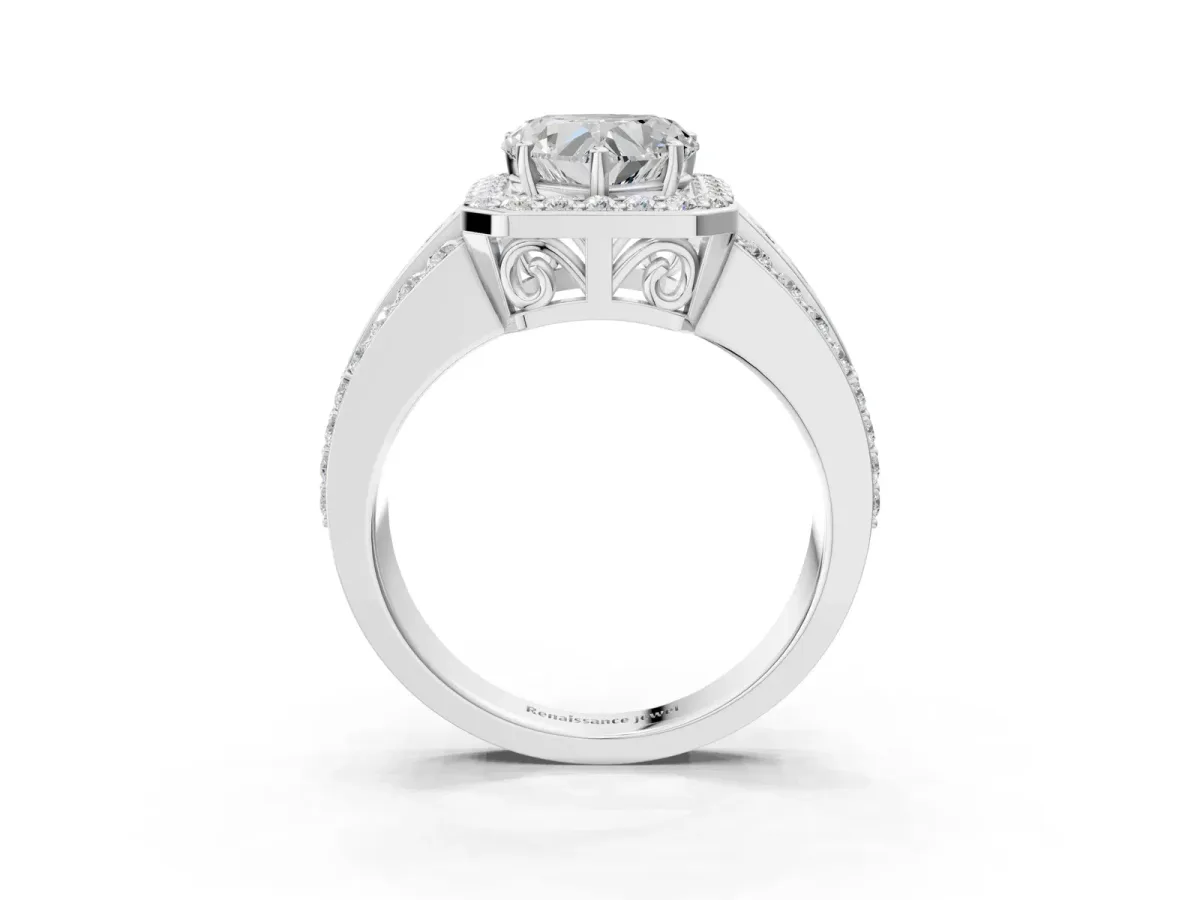 Heart Cut Halo Diamond Ring with Round Moissanite Split Shank and Prong Setting Silver