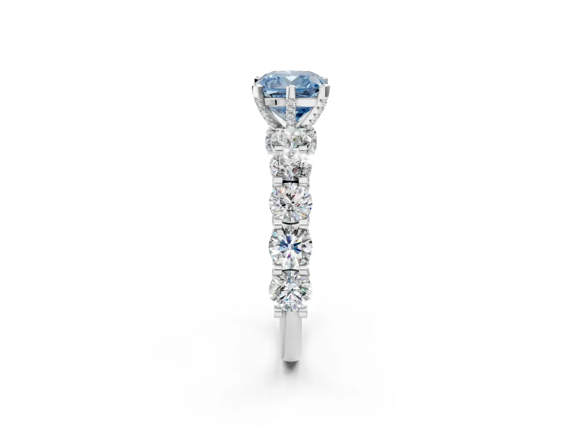 Fancy Blue Cushion Cut Diamond Side Stone Engagement Ring with Four-Prong Setting White gold