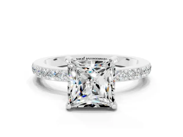Princess Cut Moissanite Solitaire Engagement Ring with Pavé Band and Four-Prong Setting Platinum