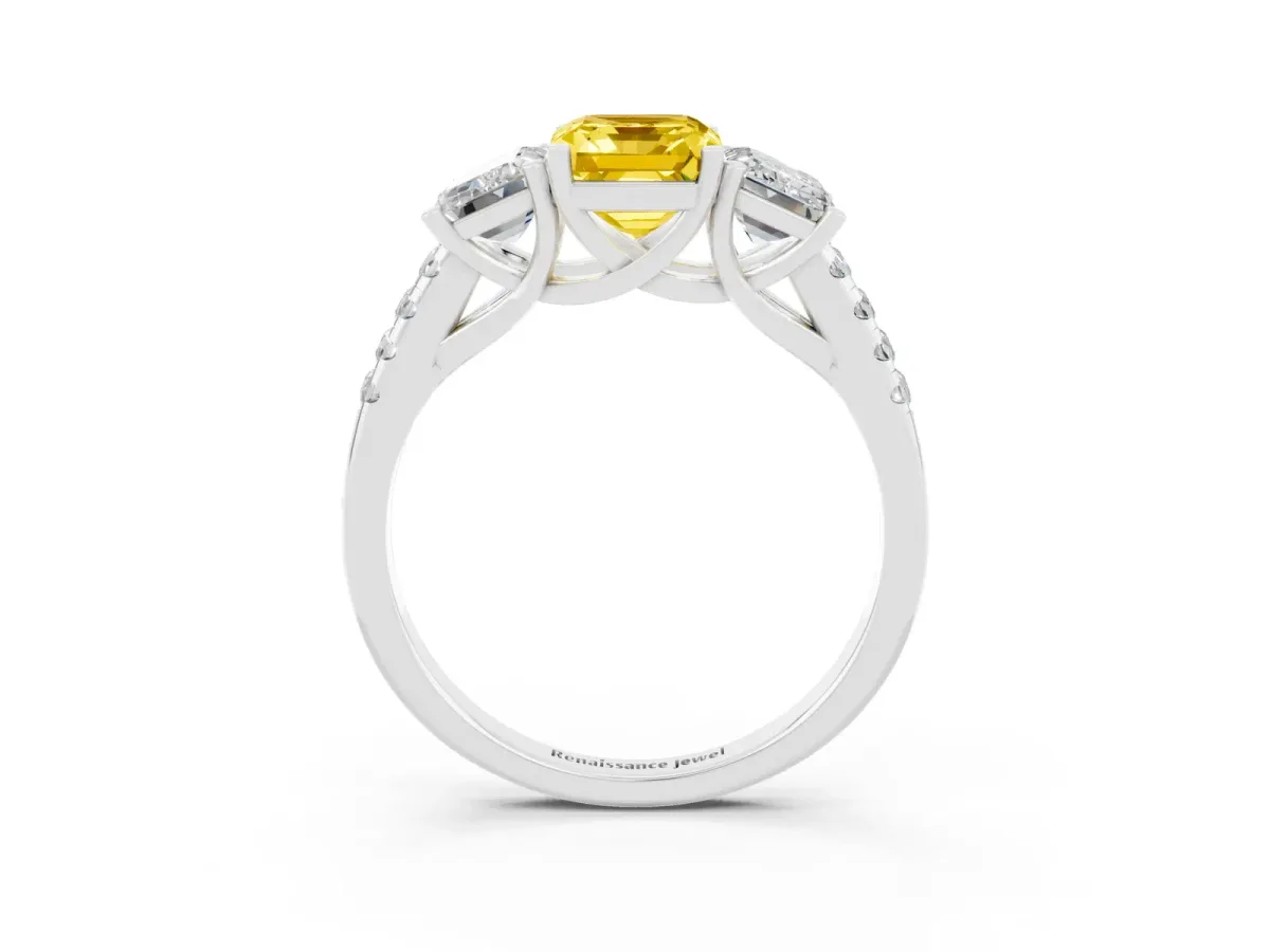 Three-Stone Emerald Cut Yellow Sapphire Ring with Round Pavé Band and Prong Setting Silver