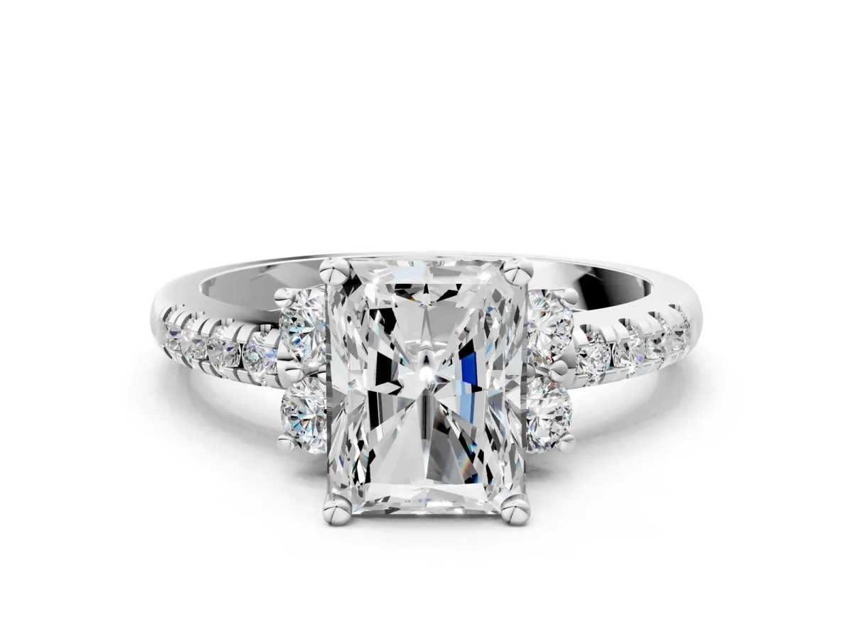 Radiant Cut Diamond Three-Stone Pave Band with Four-Prong Setting Platinum
