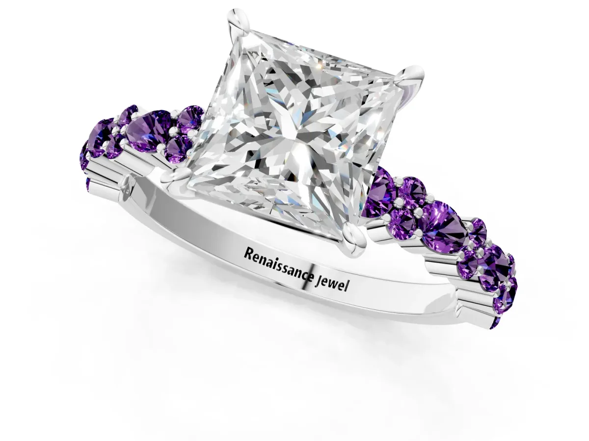 Princess Cut Diamond Side Stone Solitaire Ring with Round Amethyst and Four-Prong Setting Platinum