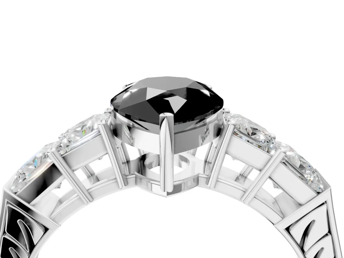 Fancy Black Pear Cut Solitaire Princess Side Stone Engraved Band Prong Setting Ring Platinum
