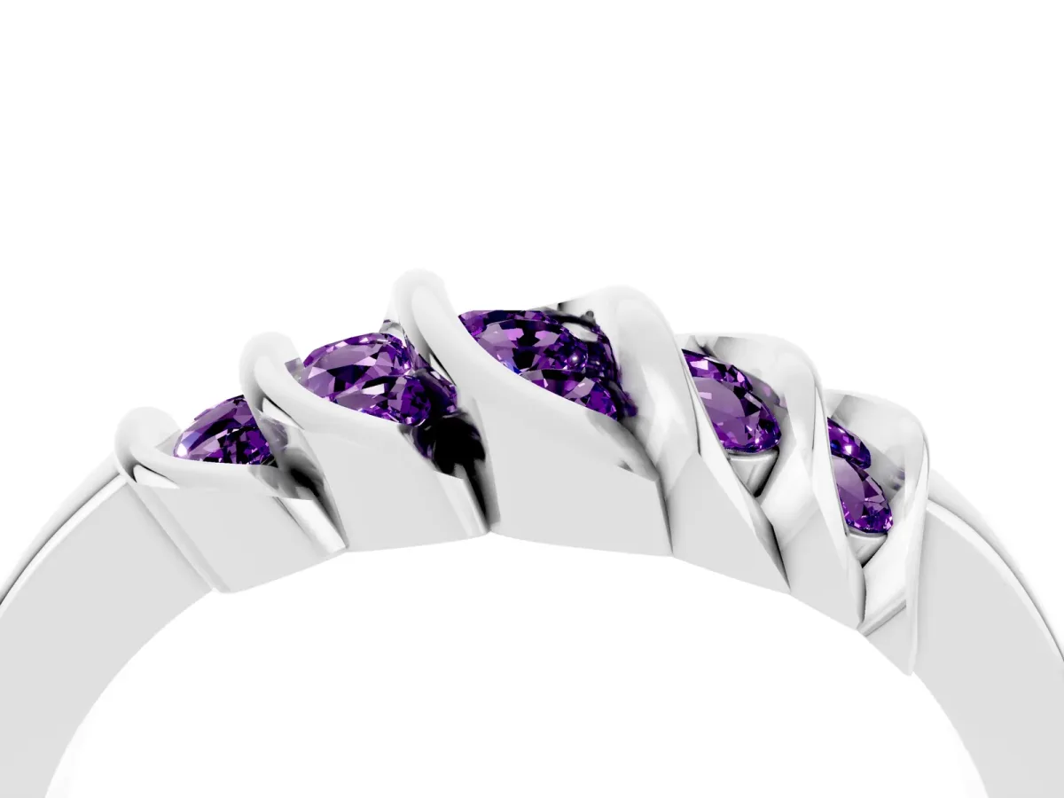 Round Amethyst Multi-Row Crossover Band White gold