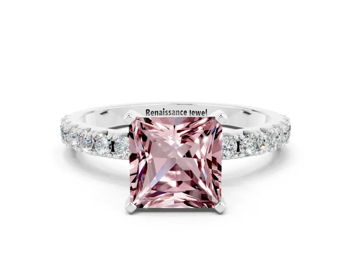 Princess Cut Morganite Solitaire Pavé Band with Four-Prong Setting Platinum