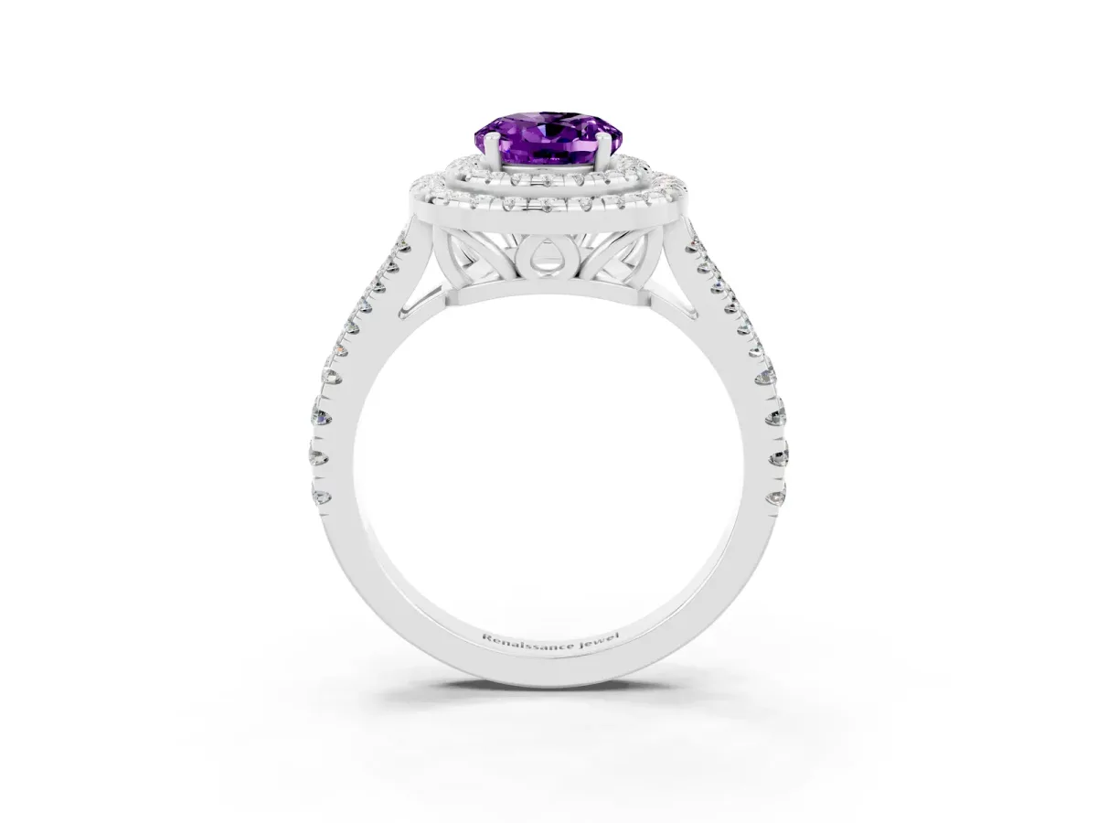 Oval Cut Amethyst Double Halo Ring with Pavé Band and Prong Setting Silver