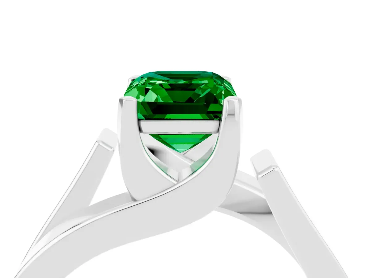 Modern Tension Set Emerald Cut Emerald Solitaire Wide Band Ring Silver