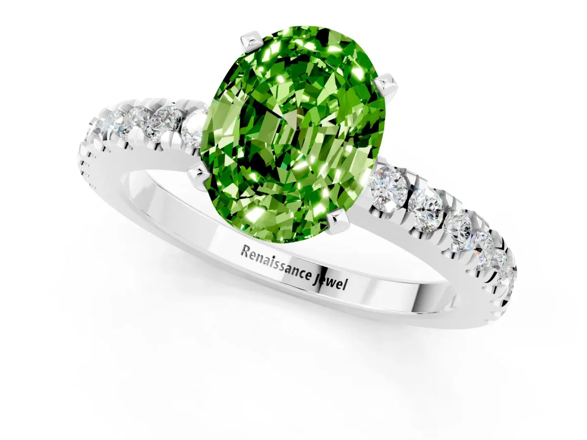 Oval Cut Solitaire Peridot with Pavé Band and Four-Prong Setting Platinum