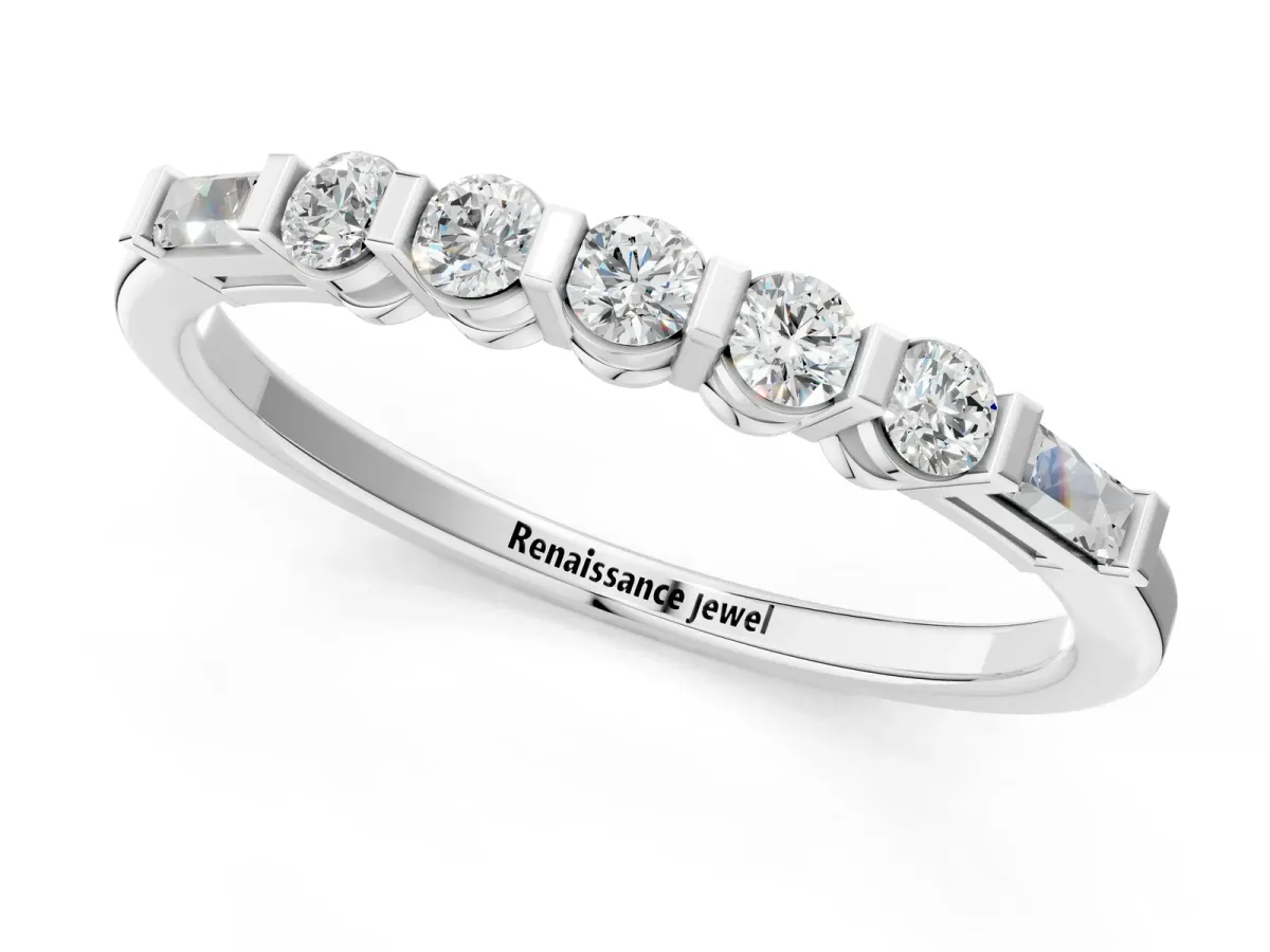 Round and Baguette Diamond Prong Set Half-Eternity Band Silver