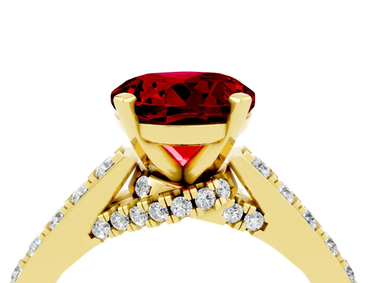 Round Cut Ruby Solitaire Ring with Crossover Gallery and Round Pavé Band Yellow gold