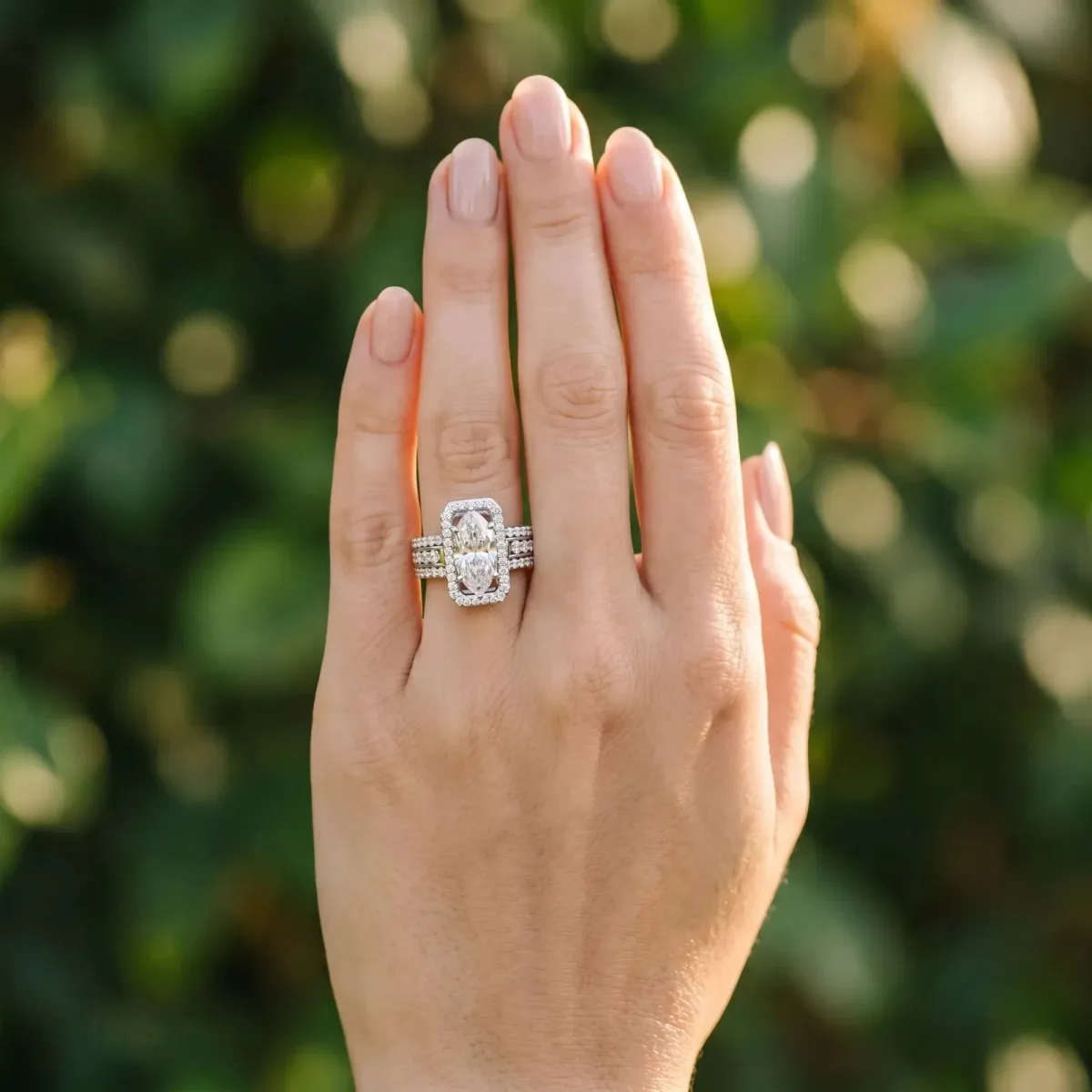 Marquise Cut Halo Diamond Ring with Round Split Shank and Prong Setting White gold