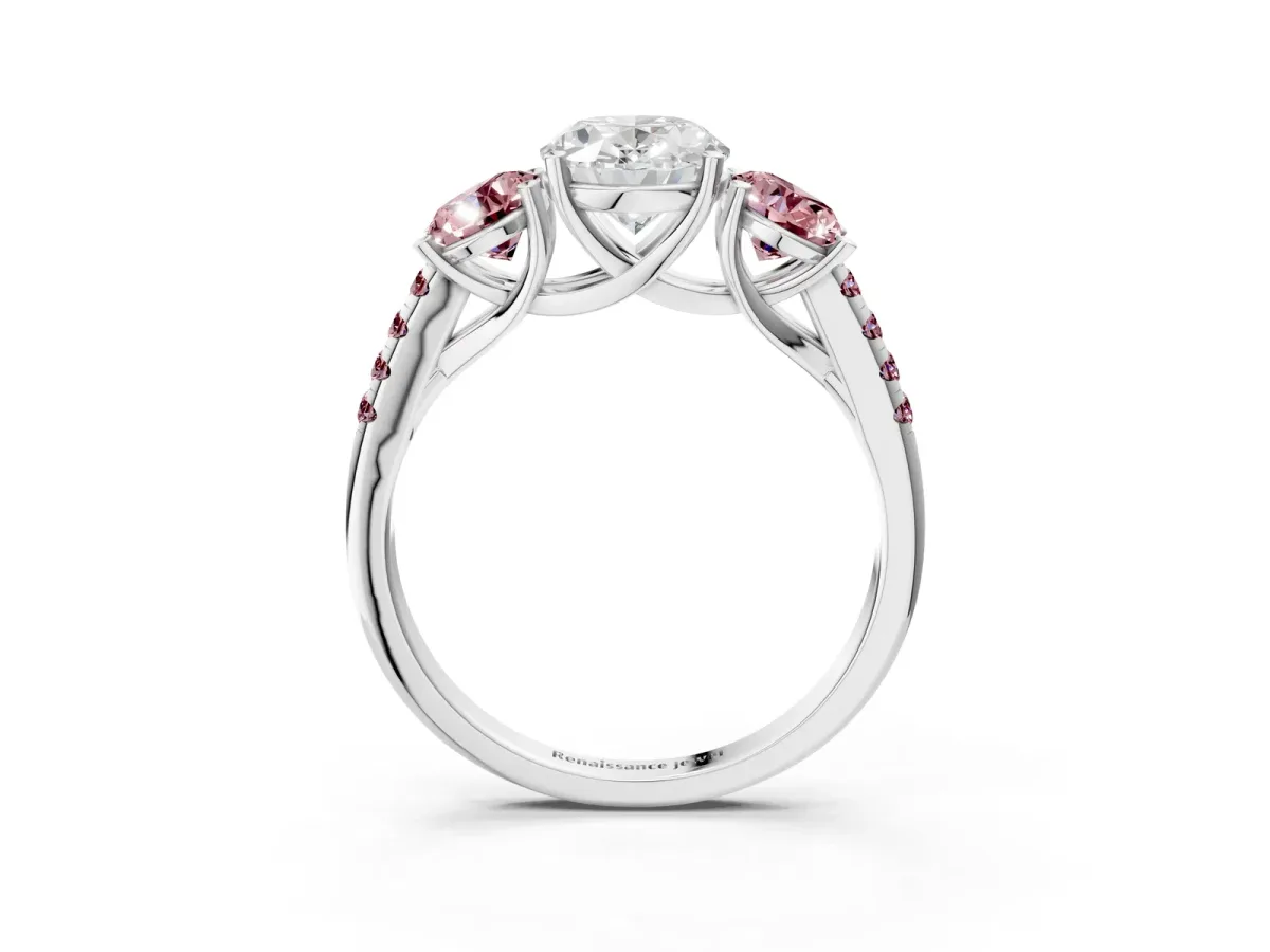 Three-Stone Oval Cut Diamond Ring with Round Morganite Pavé Band and Prong Setting Silver