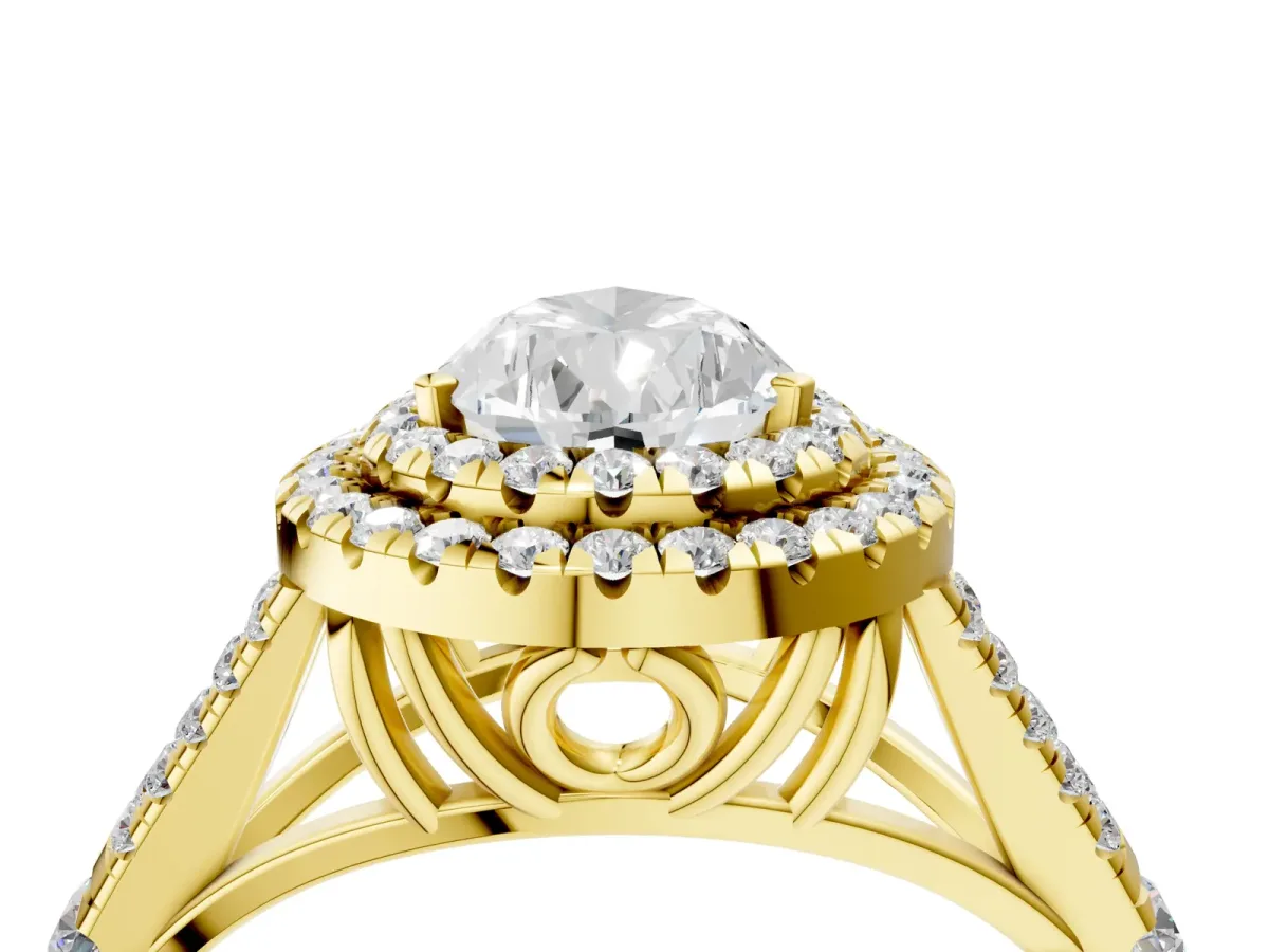 Pear Cut Diamond Double Halo Ring with Split Shank and Prong Setting Yellow gold