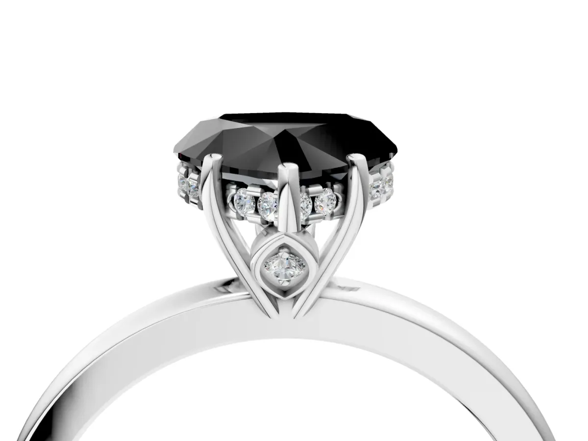Fancy Black Heart Cut Solitaire Diamond Ring with Prong Setting and Plain Band Silver