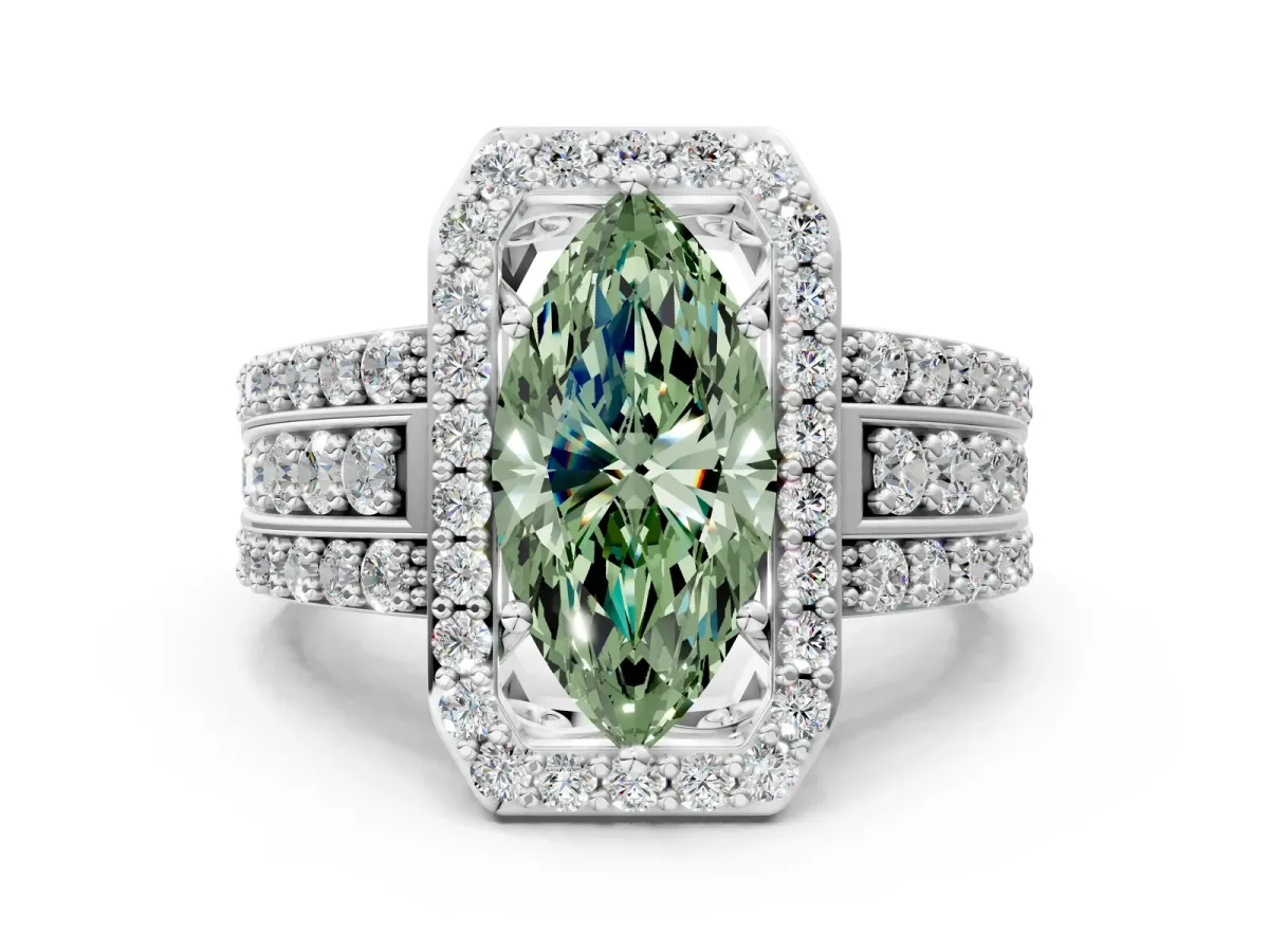 Fancy Green Marquise Cut Halo Diamond Ring with Round Split Shank and Prong Setting Platinum