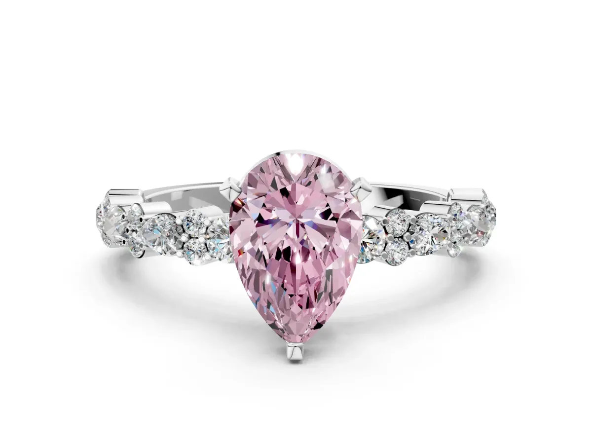 Fancy Pink Pear Cut Diamond Side Stone Solitaire Ring with Round and Four-Prong Setting White gold