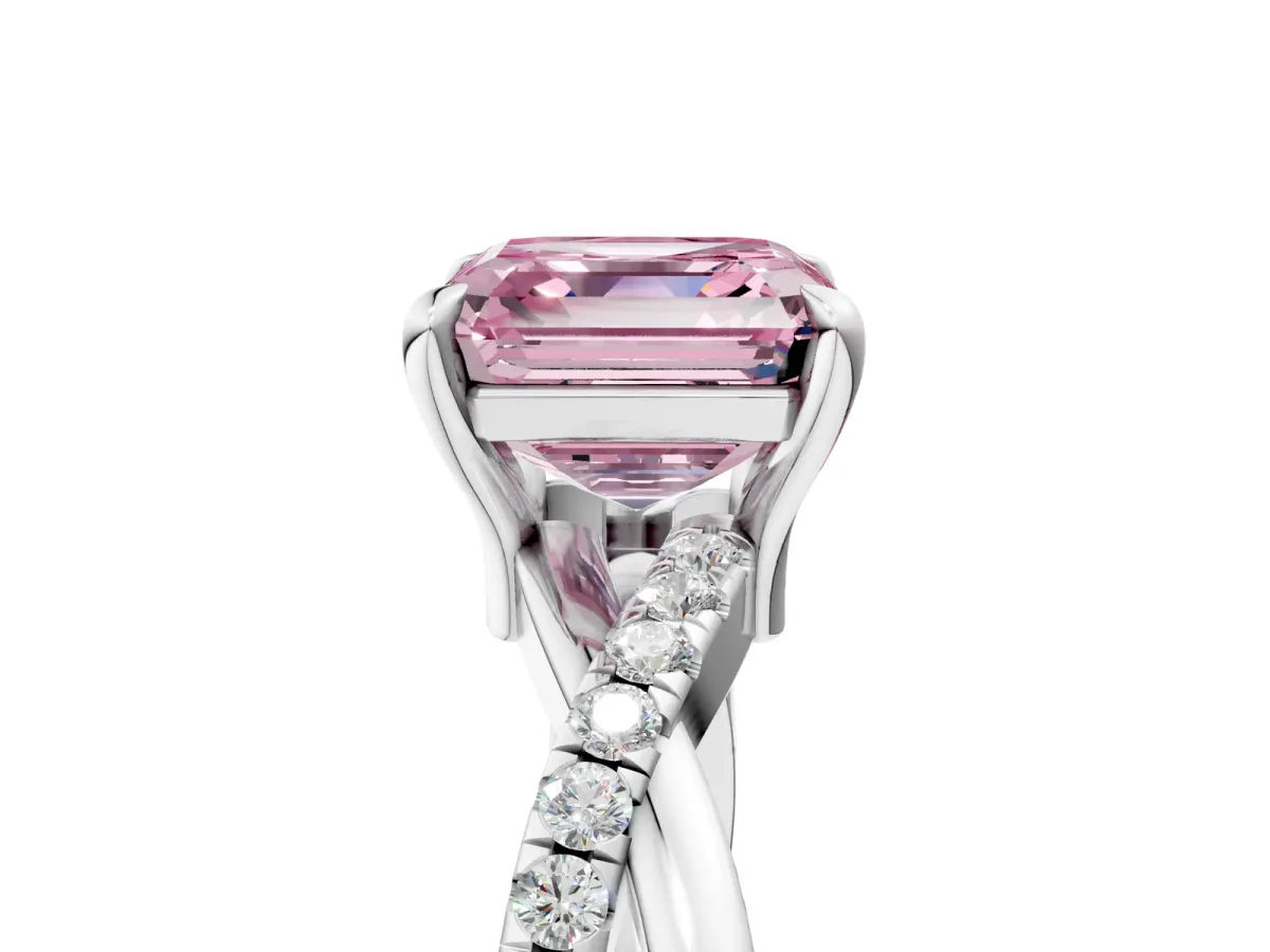 Fancy Pink Asscher Cut Cut Twist Band Solitaire Diamond Ring with Pavé Setting Platinum