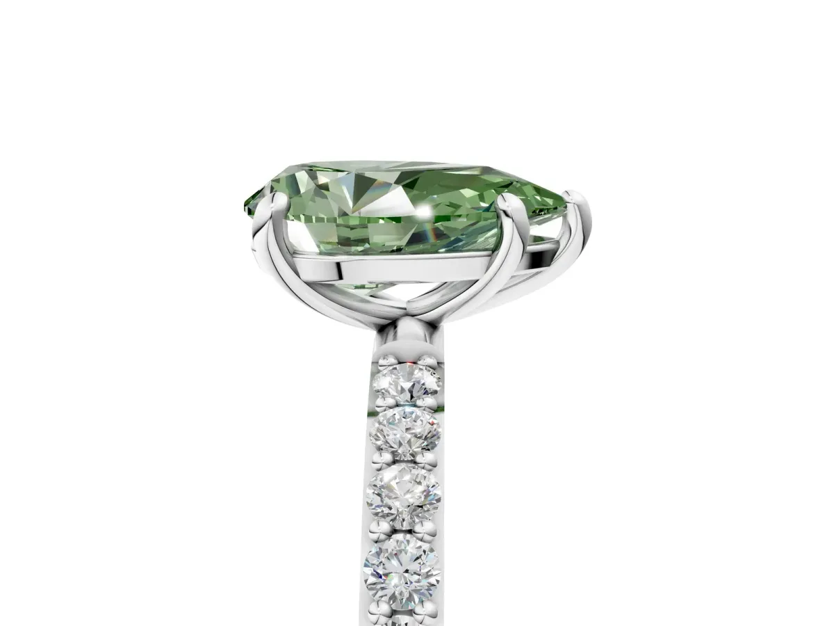 Fancy Green Pear Cut Diamond Solitaire Ring with Round Pavé Band and Prong Setting Silver