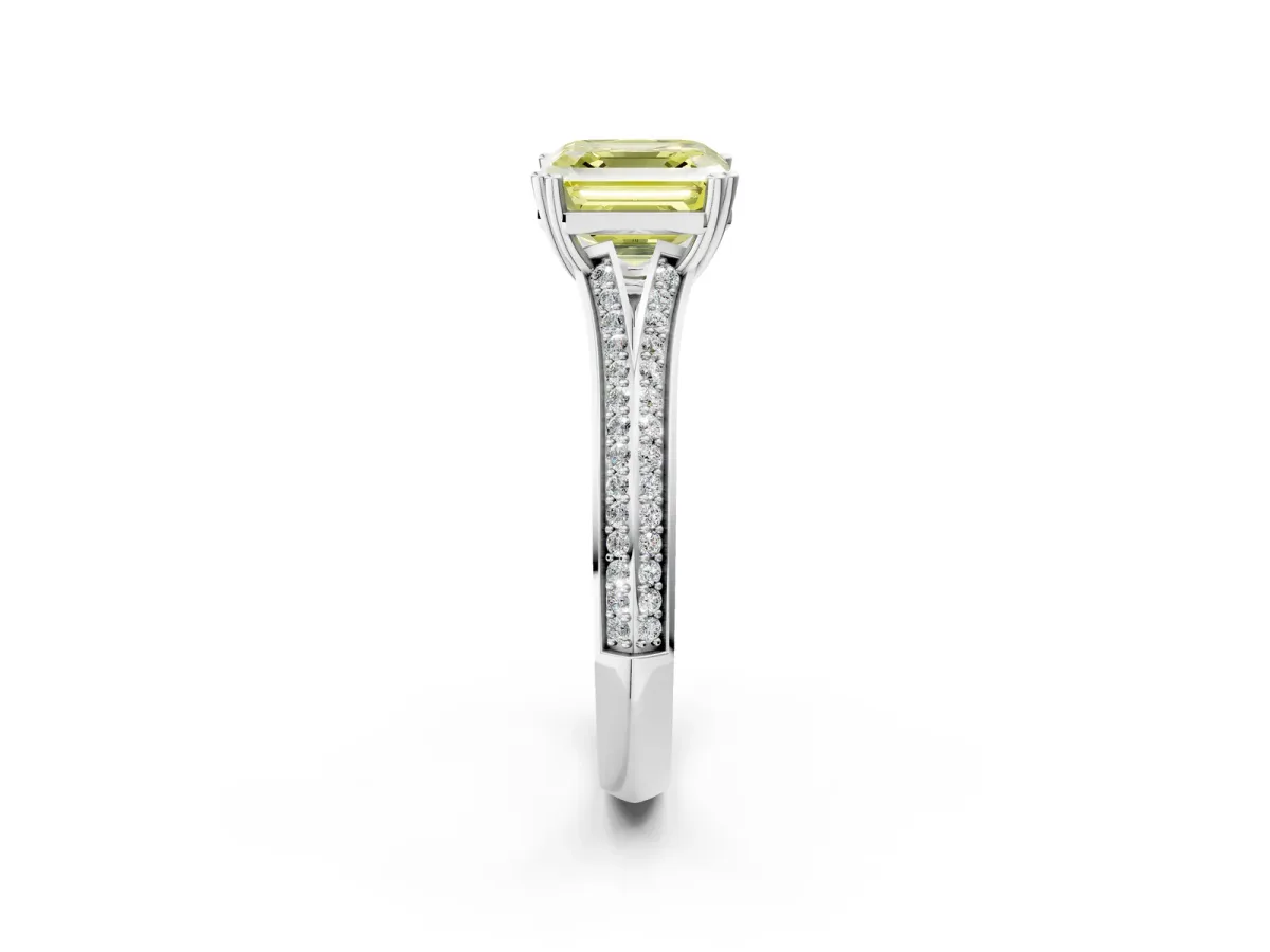 Fancy Yellow Asscher Cut Diamond Split Shank Engagement Ring with Pavé Band Platinum