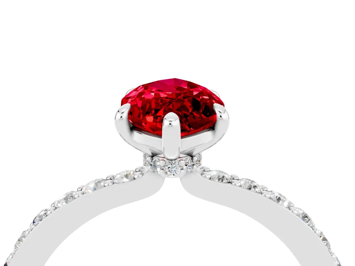 Marquise Cut Ruby Solitaire Engagement Ring with Pavé Band and Four-Prong Setting Silver