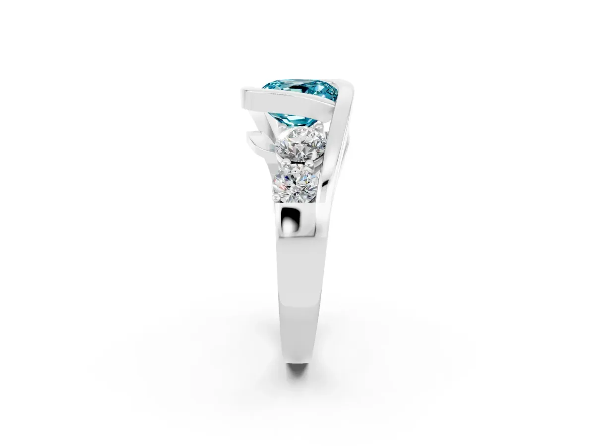 Bezel Set Cushion Cut Blue Topaz Bypass Ring with Round Accents Silver