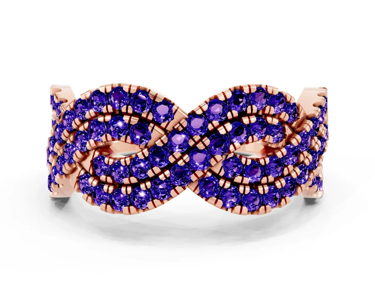 Pavé Round Tanzanite Infinity Twist Band with Shared Prong Setting Rose gold