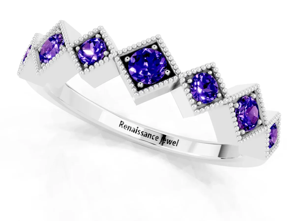 Milgrain Square Bezel Round Tanzanite Chevron Band Silver