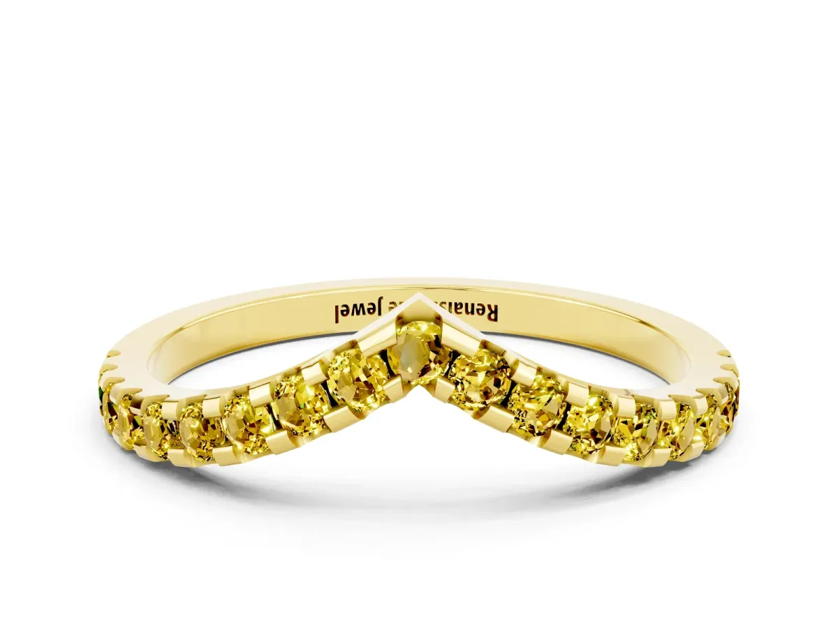 Pavé Round Yellow Sapphire Chevron Band with Shared Prong Setting Yellow gold