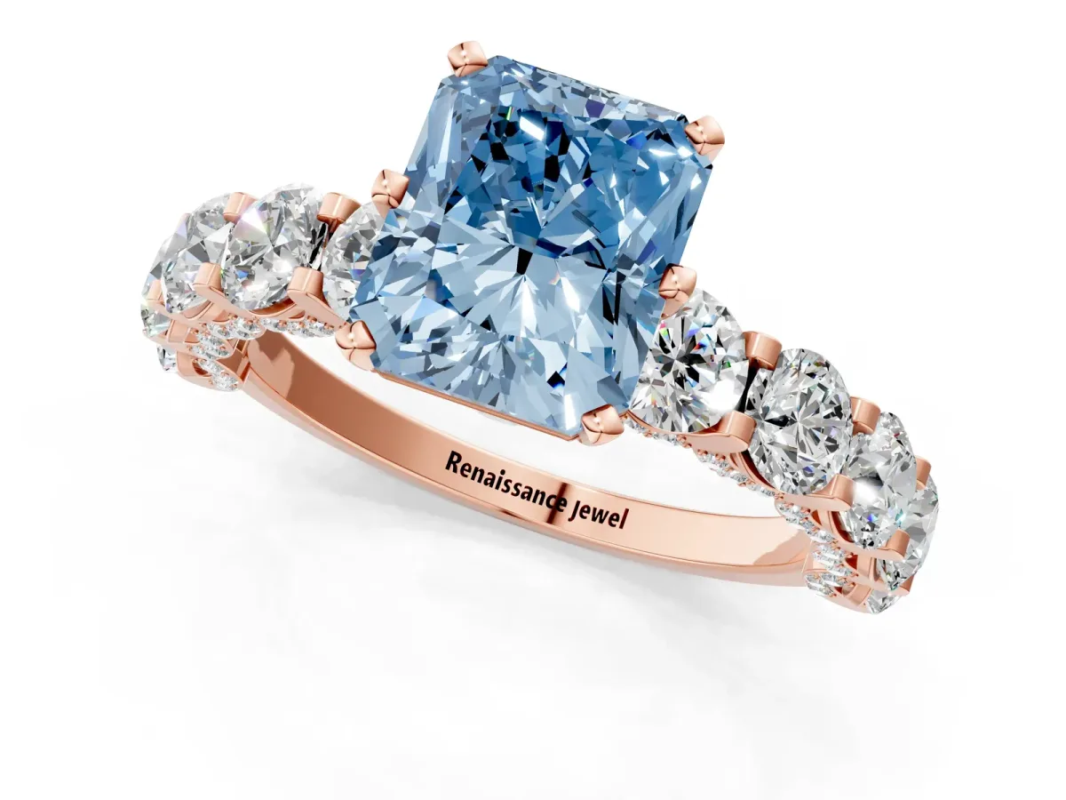 Fancy Blue Radiant Cut Diamond Side Stone Engagement Ring with Four-Prong Setting Rose gold