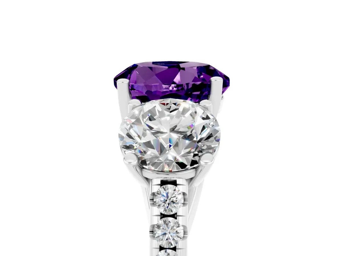 Three-Stone Round Cut Amethyst Ring with Round Pavé Band and Prong Setting White gold