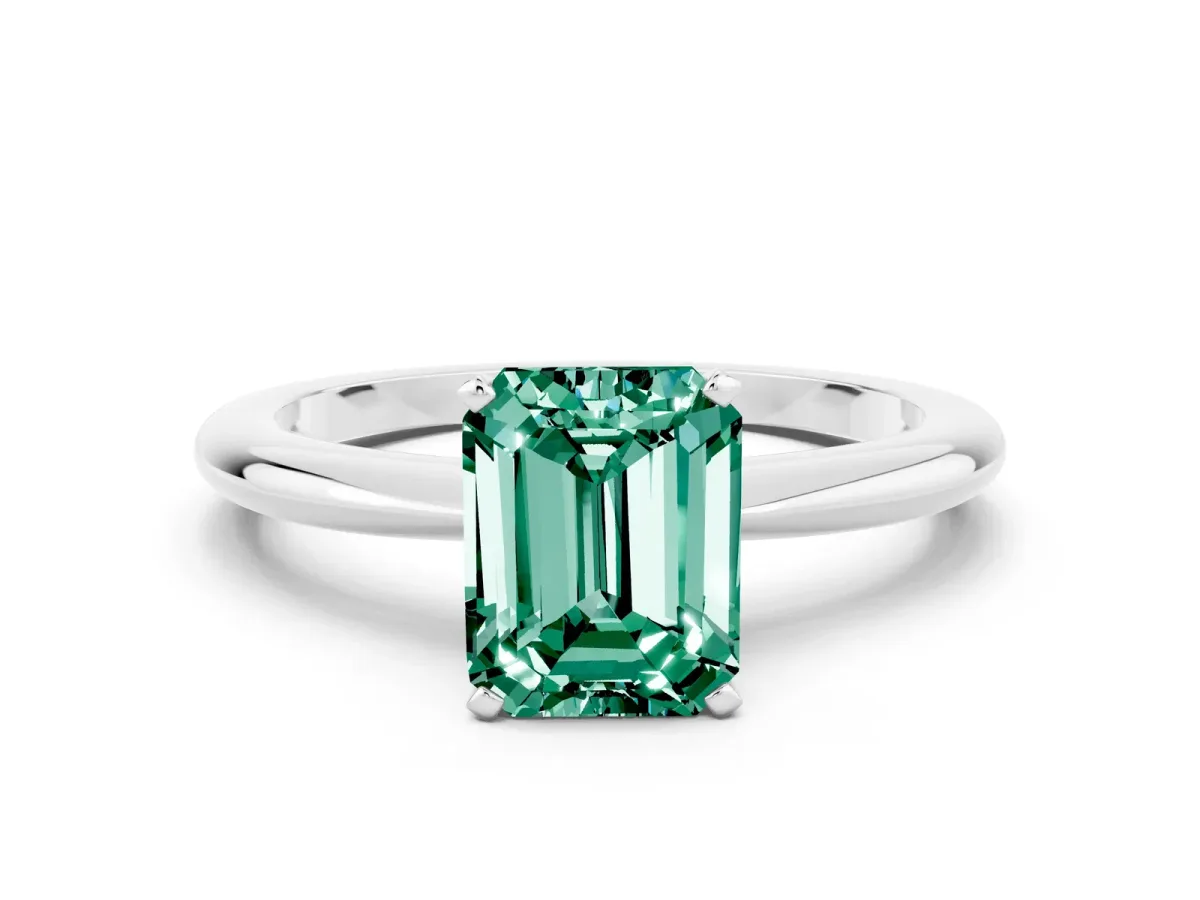 Emerald Cut Green Sapphire Solitaire Ring with Six-Prong Setting and Classic Band Silver