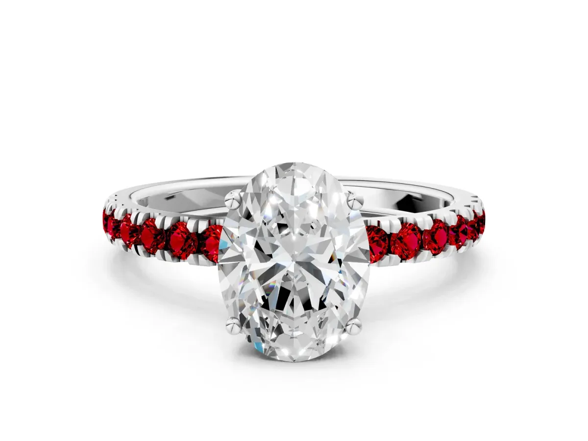 Oval Cut Diamond Pave Band Solitaire Ring with Round Ruby and Prong Setting Platinum
