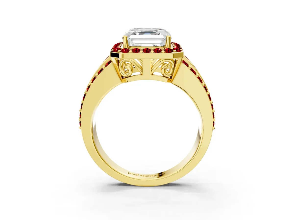 Asscher Cut Halo Diamond Ring with Round Ruby Split Shank and Prong Setting Yellow gold