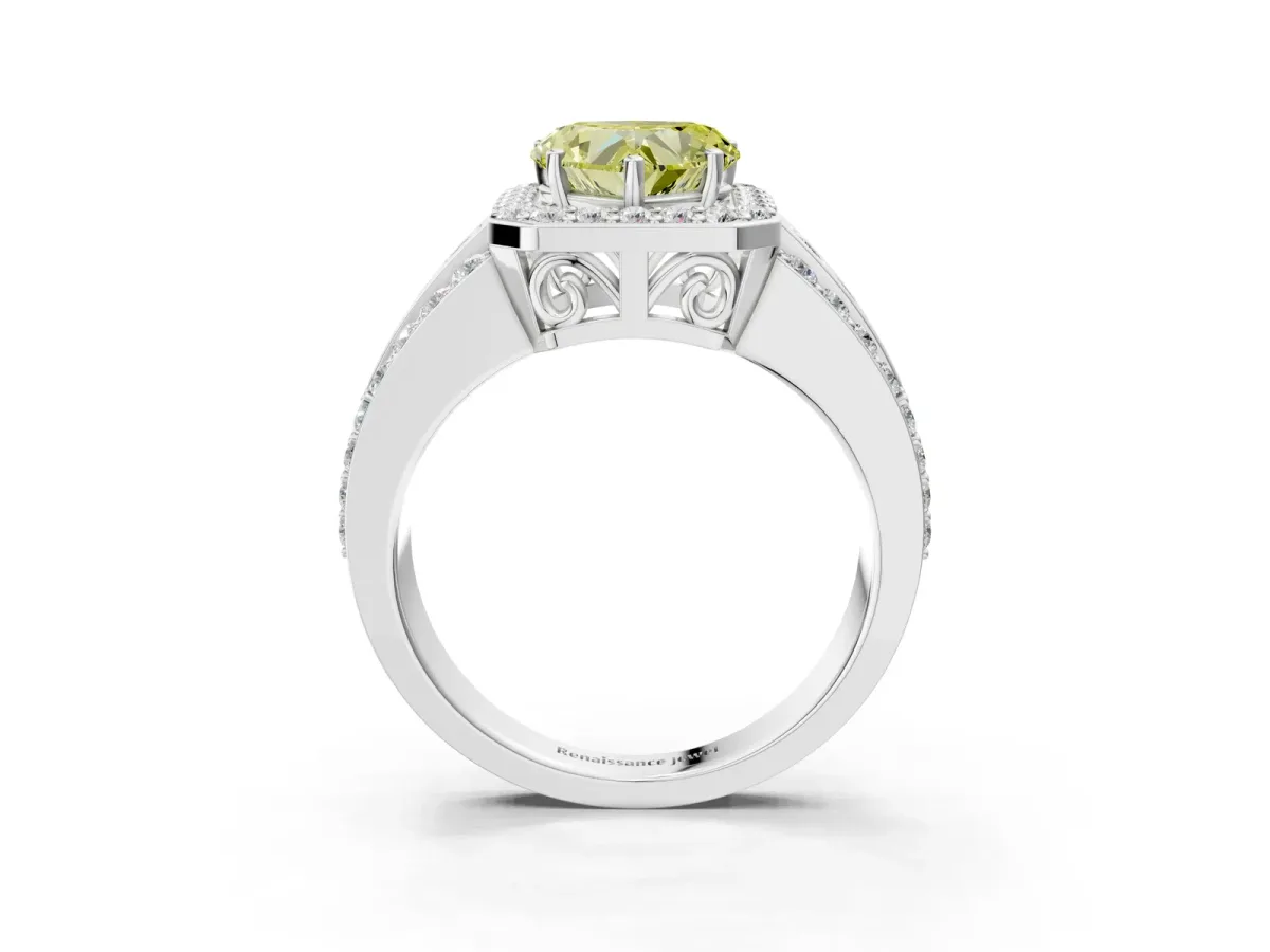 Fancy Yellow Heart Cut Halo Diamond Ring with Round Split Shank and Prong Setting Platinum