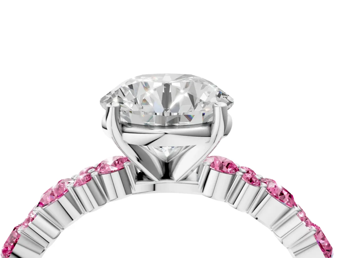 Round Cut Diamond Side Stone Solitaire Ring with Round Pink Sapphire and Four-Prong Setting Silver