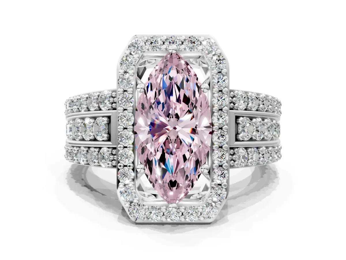 Fancy Pink Marquise Cut Halo Diamond Ring with Round Split Shank and Prong Setting Silver