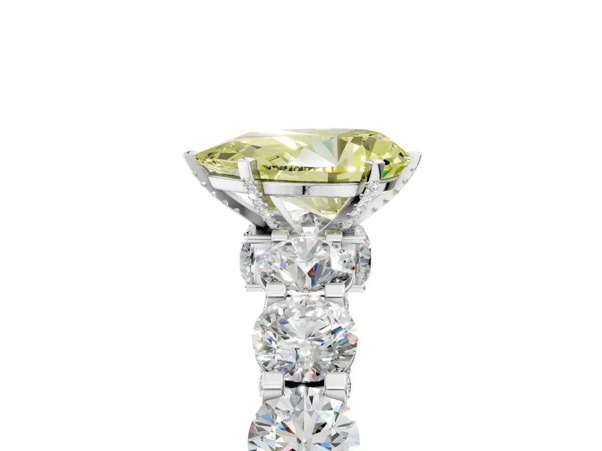Fancy Yellow Pear Cut Diamond Side Stone Engagement Ring with Four-Prong Setting Silver