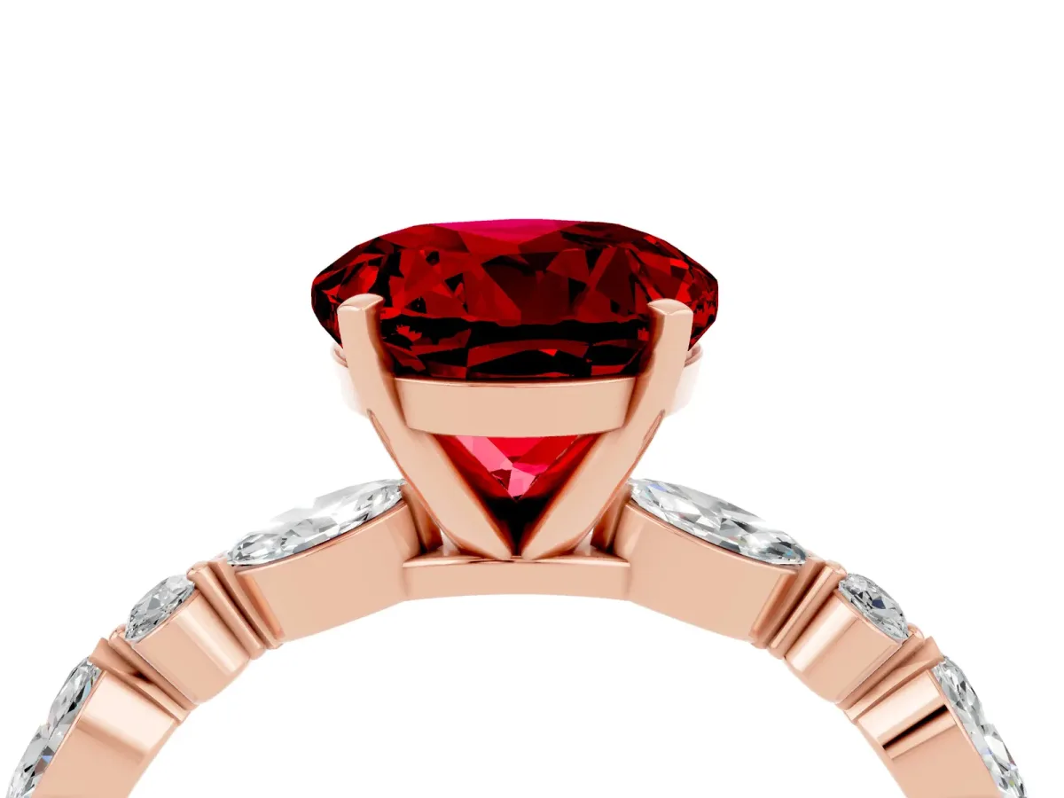 Round Cut Ruby Ring with Marquise and Round Side Stones and Four-Prong Setting Rose gold